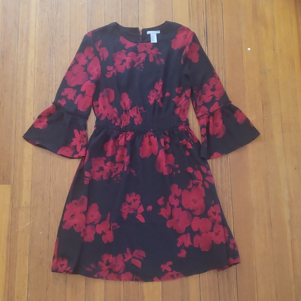 H&M Black Midi Dress with Red Floral Print